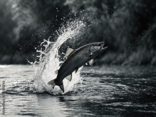 Trout leaping out of a flowing river with splash photo