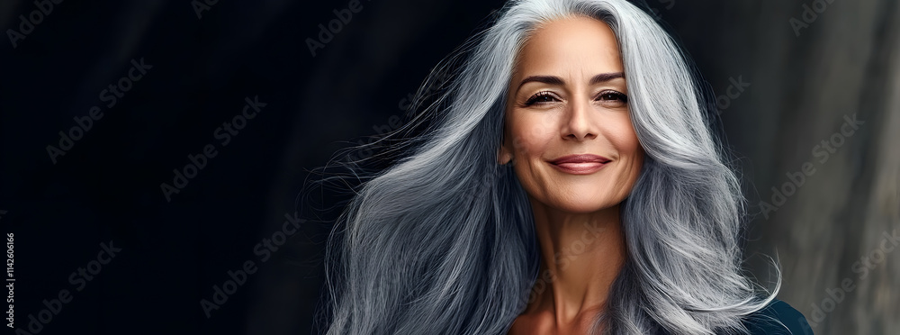 happy mature woman with long gray hair, generative ai happy mature woman with long gray hair, generative ai