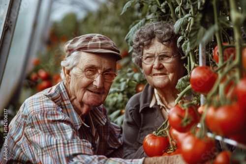 Grandparents work squatting in a greenhouse with red tomatoes 