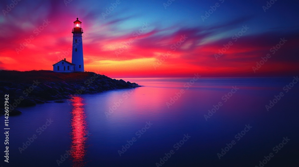 Serene lighthouse at sunset by the calm sea. Serene lighthouse at sunset by the calm sea.