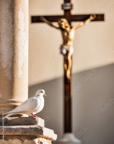 Dove Rests on Stone Pillar Before Sunlit Crucifix photo