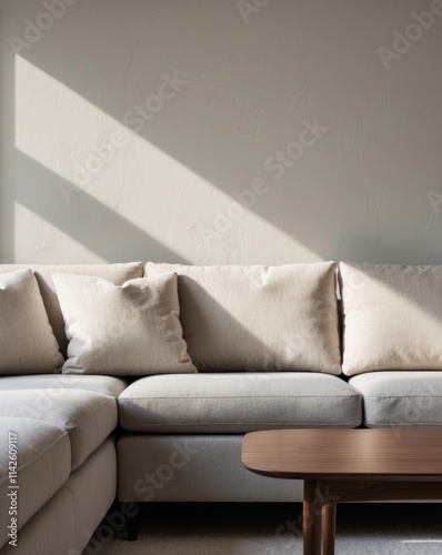 a close up of a couch and a table in a living room wall background