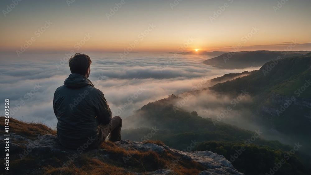 A man sits on a mountaintop, silhouetted against a breathtaking sunrise over a sea of clouds. Golden hour light bathes the scene in warmth and tranquility. A man sits on a mountaintop, silhouetted against a breathtaking sunrise over a sea of clouds. Golden hour light bathes the scene in warmth and tranquility.
