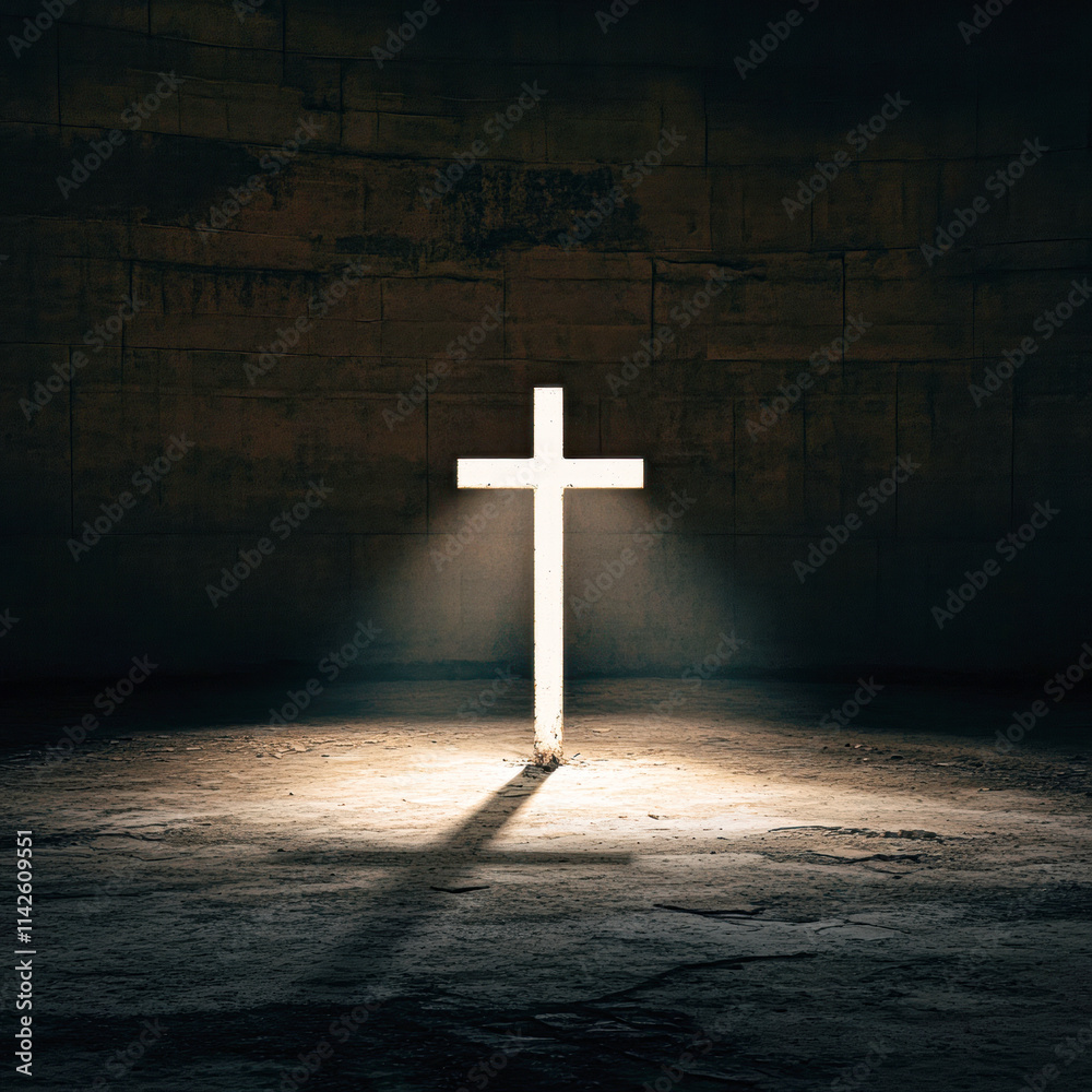 Naklejka premium A white cross is lit up in a dark room