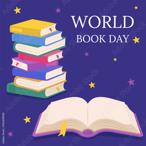 World Book Day. Open book and stack of books.Vector Illustration