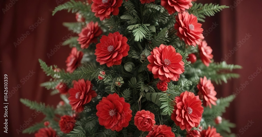 A merry Christmas tree ornament made of delicate paper flowers and greenery in a festive red color scheme, whimsical, icon, red A merry Christmas tree ornament made of delicate paper flowers and greenery in a festive red color scheme, whimsical, icon, red