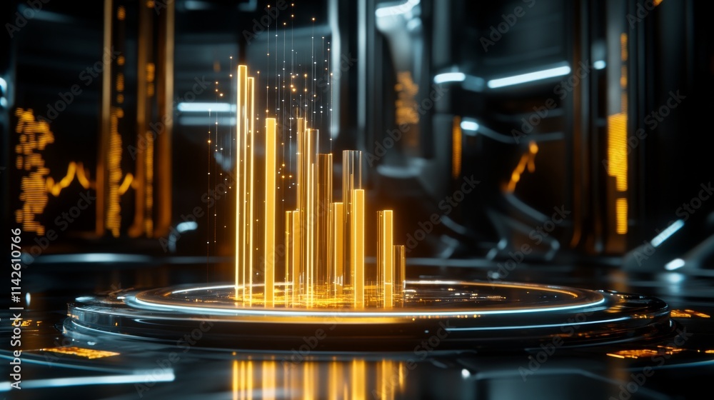 Obraz premium Futuristic Data Visualization with Golden Bars in a Dark Environment