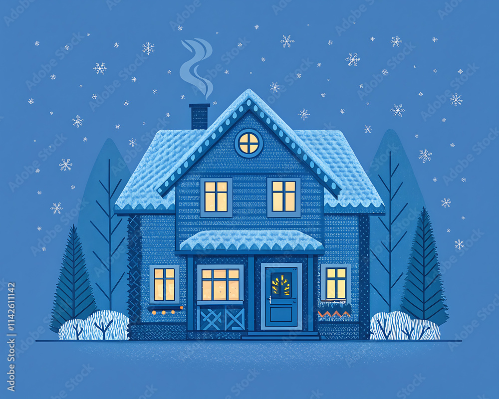 Naklejka premium Knitted Blue Warm House on Blue Background