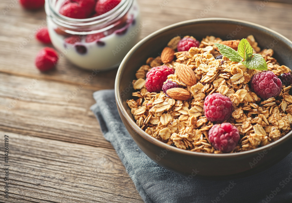 Milk and Granola Bowl with Fruits and Nuts Milk and Granola Bowl with Fruits and Nuts