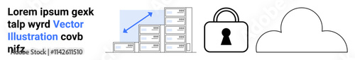 Text elements with blue highlighted word, ascending bar chart, lock icon, and cloud outline. Ideal for data security, cloud storage, IT services, cybersecurity, technology web development digital