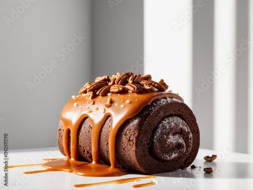 A rich chocolate dessert roll topped with decadent caramel and sprinkled with crunchy pecans