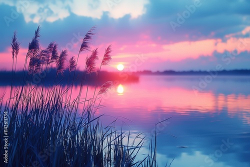 Vibrant sunset over tranquil lake with reeds reflecting in still water at dusk. Generative AI photo