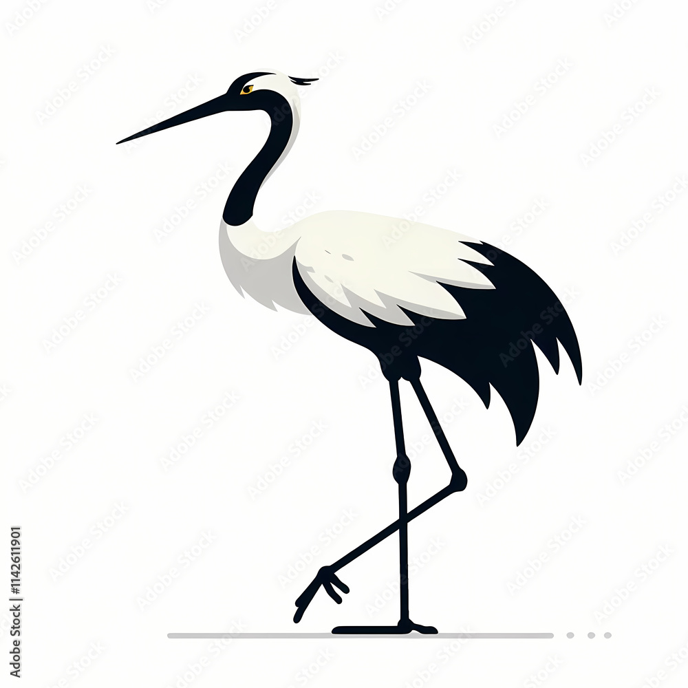 Fototapeta premium Stylized illustration of a Japanese crane standing elegantly on one leg.