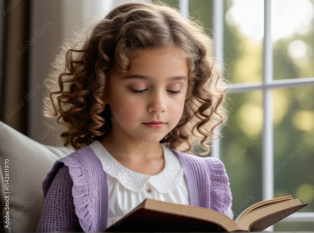 Young girl reading a book in cozy living room with natural light by the window Young girl reading a book in cozy living room with natural light by the window