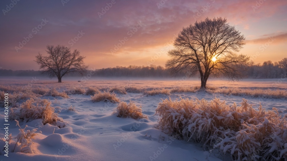Serene winter sunrise. Two leafless trees stand silhouetted against a pastel sky, snow covering the ground and frost clinging to the grasses. Serene winter sunrise. Two leafless trees stand silhouetted against a pastel sky, snow covering the ground and frost clinging to the grasses.