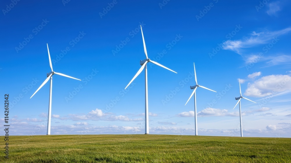 A Scenic View of Multiple Wind Turbines Spinning Gracefully on a Lush Green Hill Under a Bright Blue Sky Representing Renewable Energy and Sustainability A Scenic View of Multiple Wind Turbines Spinning Gracefully on a Lush Green Hill Under a Bright Blue Sky Representing Renewable Energy and Sustainability