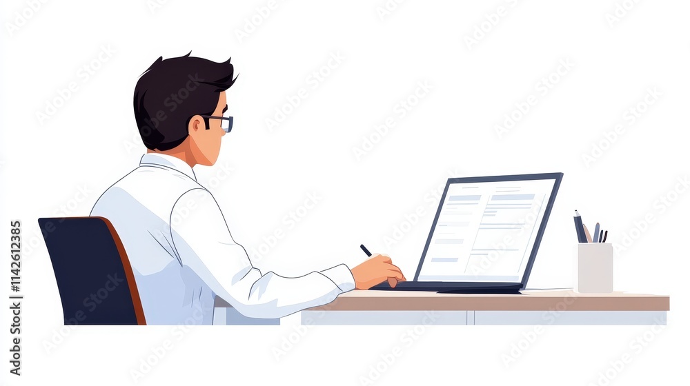 Focused Man Working Concentrated at Modern Desk with Laptop in Cozy Indoor Office Space Surrounded by Books and Soft Lighting Creating Productive Atmosphere Focused Man Working Concentrated at Modern Desk with Laptop in Cozy Indoor Office Space Surrounded by Books and Soft Lighting Creating Productive Atmosphere