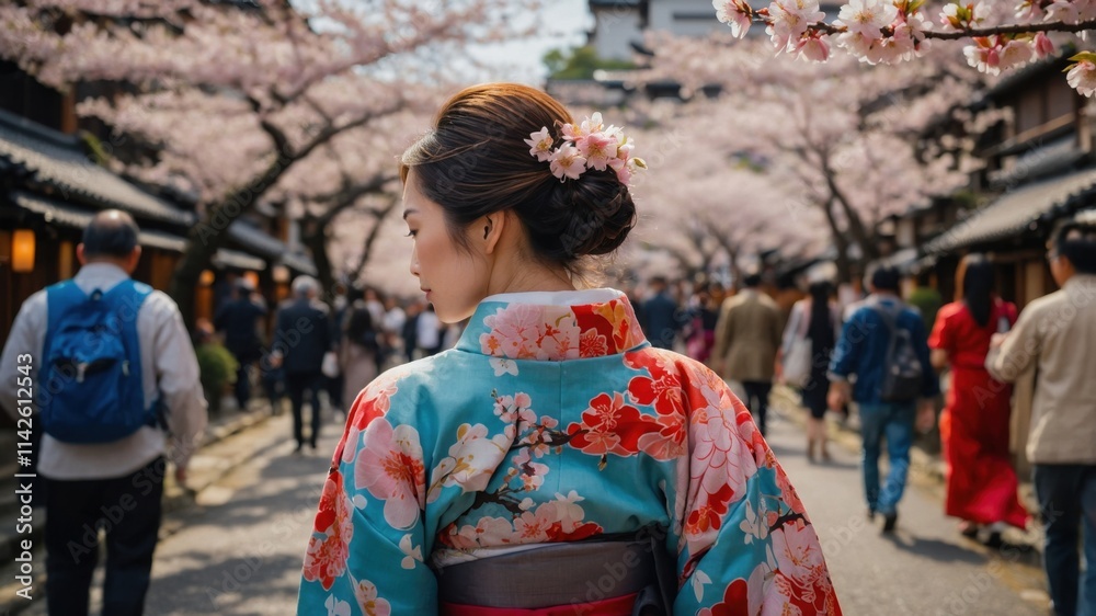 A young Asian woman, adorned in a vibrant kimono, strolls through a street lined with blossoming cherry trees. The soft pink and blue hues create a serene and picturesque atmosphere. A young Asian woman, adorned in a vibrant kimono, strolls through a street lined with blossoming cherry trees. The soft pink and blue hues create a serene and picturesque atmosphere.