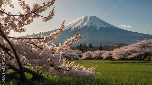 Serene view of Mount Fuji, majestically rising behind a field of delicate cherry blossoms in full bloom. The soft sunlight paints the scene in a tranquil palette of pinks and greens. photo