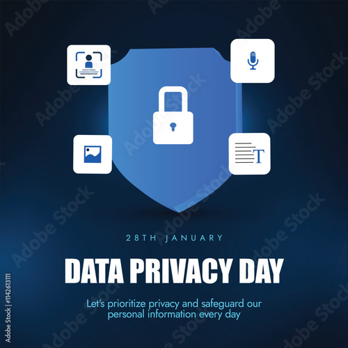 Data Privacy Day. Privacy day 28th January post to raise awareness about Privacy of Data with Data Protection Shield, photo, audio, identity, document icons. Protect your data awareness post. photo