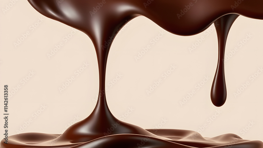 Obraz premium Dark Chocolate: A rich, dark chocolate stream flowing smoothly from the top of the frame, with a glossy, velvety texture that captures the thick and luxurious quality of the liquid chocolate