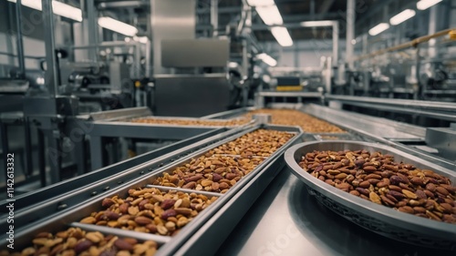 Roasted nuts move along a conveyor belt in a large-scale food processing facility. The warm tones of the nuts contrast with the cool metallic surfaces of the machinery.