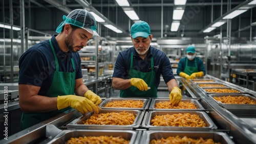 Two hispanic men and one asian man in a food processing facility carefully arrange food into trays. They wear hairnets and aprons, maintaining a clean and efficient workspace. photo