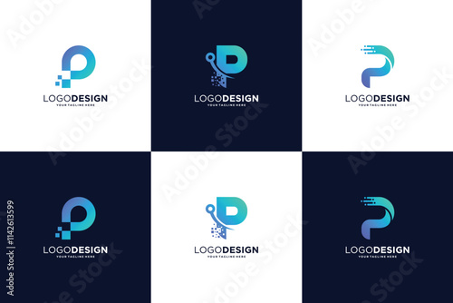 Set Of Letter P Tech Logo Design