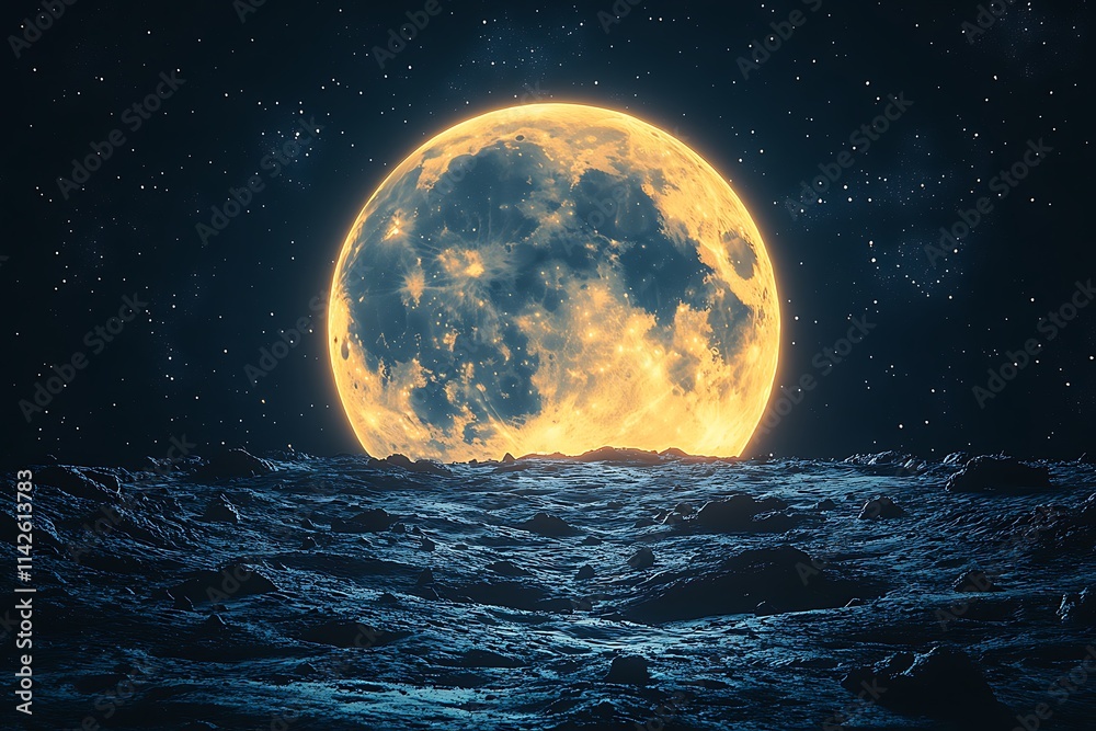 A captivating digital art piece depicting a full moon rising over a rocky lunar landscape, casting a warm yellow glow against the backdrop of a star-studded night sky. A captivating digital art piece depicting a full moon rising over a rocky lunar landscape, casting a warm yellow glow against the backdrop of a star-studded night sky.