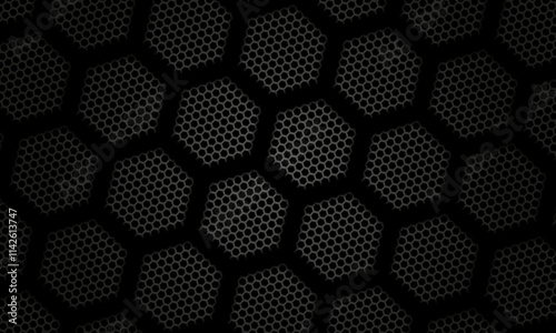  abstract black hexagonal pattern featuring a textured surface with metallic accents. Perfect for backgrounds, industrial concepts, or modern graphic designs.