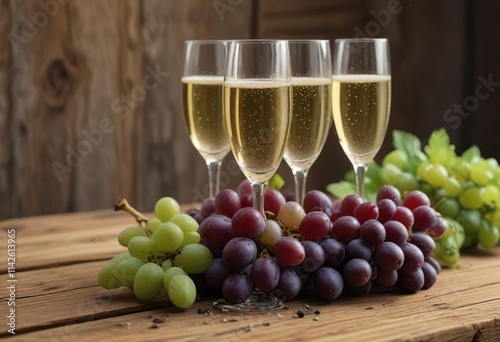 Wallpaper Mural Champagne and a stack of glasses on a wooden table, with a few grapes or berries scattered around, champagne, fruit Torontodigital.ca