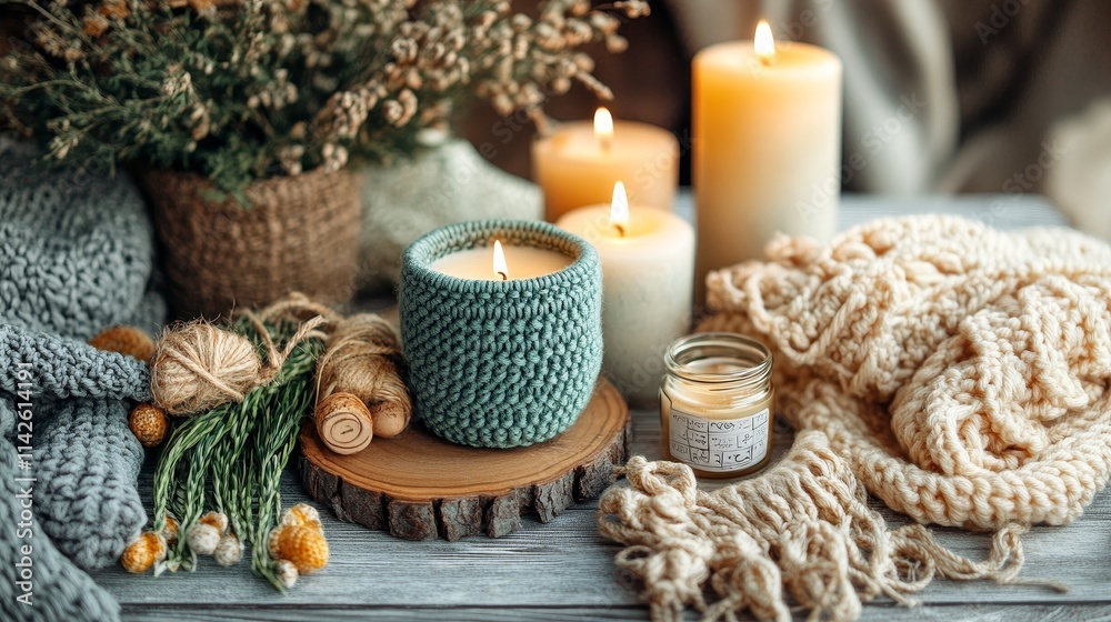 A set of handicrafts used in the market, including candles, crochet fabrics, and pottery, placed on a white gray background to showcase their unique craftsmanship and artistic quality.