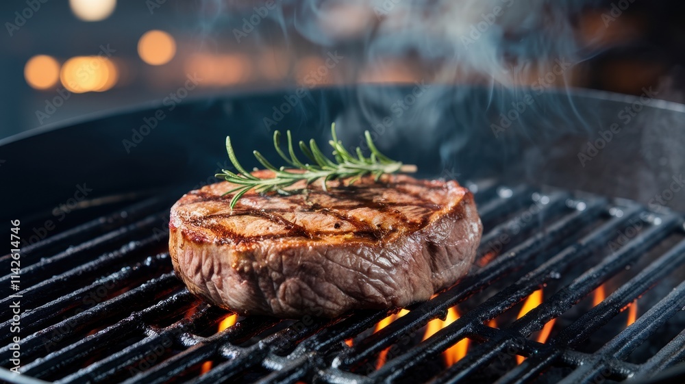 Steak on Grill with Flames and Rosemary Garnish Steak on Grill with Flames and Rosemary Garnish
