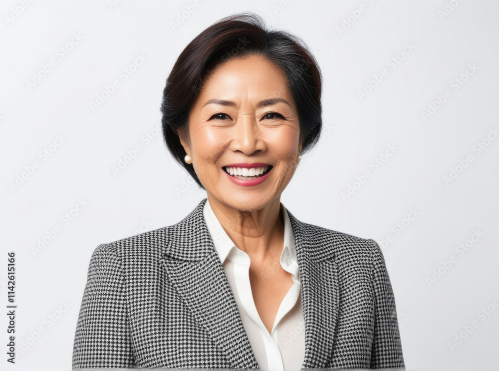 Mature woman with short hair wearing a smart blazer, smiling brightly against a plain background Mature woman with short hair wearing a smart blazer, smiling brightly against a plain background