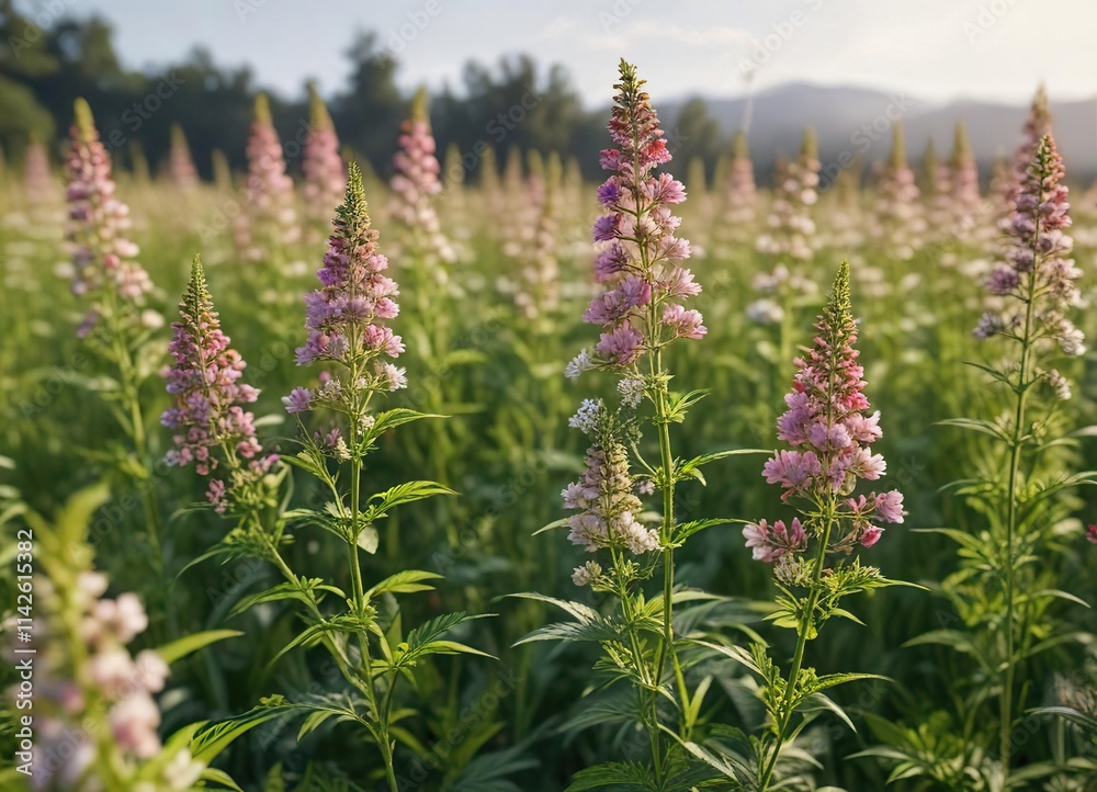 Close-up of vibrant hemp flowers blooming in a field, outdoors, eco-friendly Close-up of vibrant hemp flowers blooming in a field, outdoors, eco-friendly