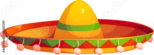 Mexican traditional sombrero hat. Isolated cartoon vector Mariachi musician hat adorned with vibrant colors and intricate patterns, symbolizes Latin culture, cinco de mayo holiday and festive spirit