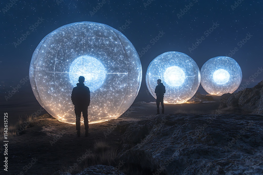 Three men stand before glowing spheres, gazing into the night sky.