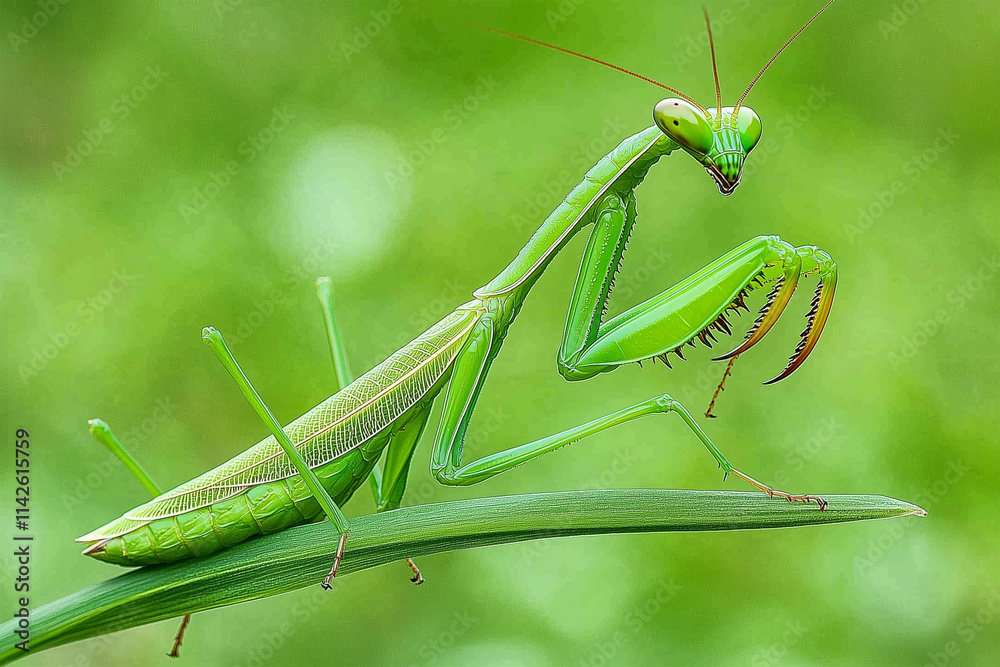 Close-up view of a vibrant green praying mantis resting on a blade of grass in a lush garden setting Close-up view of a vibrant green praying mantis resting on a blade of grass in a lush garden setting
