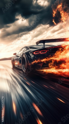 High-speed race car with flames speeding down a racetrack slicing through the air with power