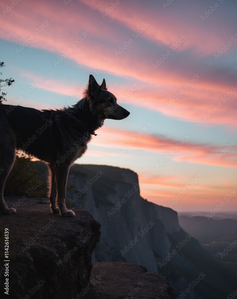 Dog stands on cliff edge overlooking sunset with vibrant colors filling the sky in a serene atmosphere Dog stands on cliff edge overlooking sunset with vibrant colors filling the sky in a serene atmosphere