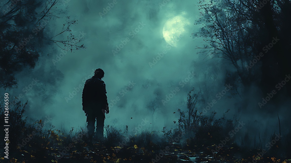 Silhouetted man in a misty forest at night under a full moon. Silhouetted man in a misty forest at night under a full moon.