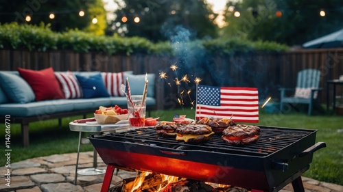 Patriotic backyard barbecue with friends and family. Delicious burgers grilling on a red grill with sparklers and an American flag adding to the festive atmosphere.