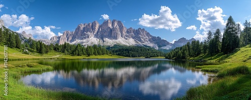 Pale di san martino reflecting on antorno lake in dolomites, italy photo