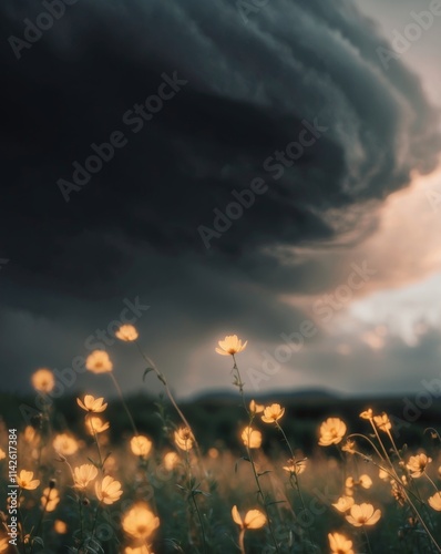 A Field of Glowing Wildflowers Collapsing Beneath a Turbulent Sky Signaling Nature s End photo