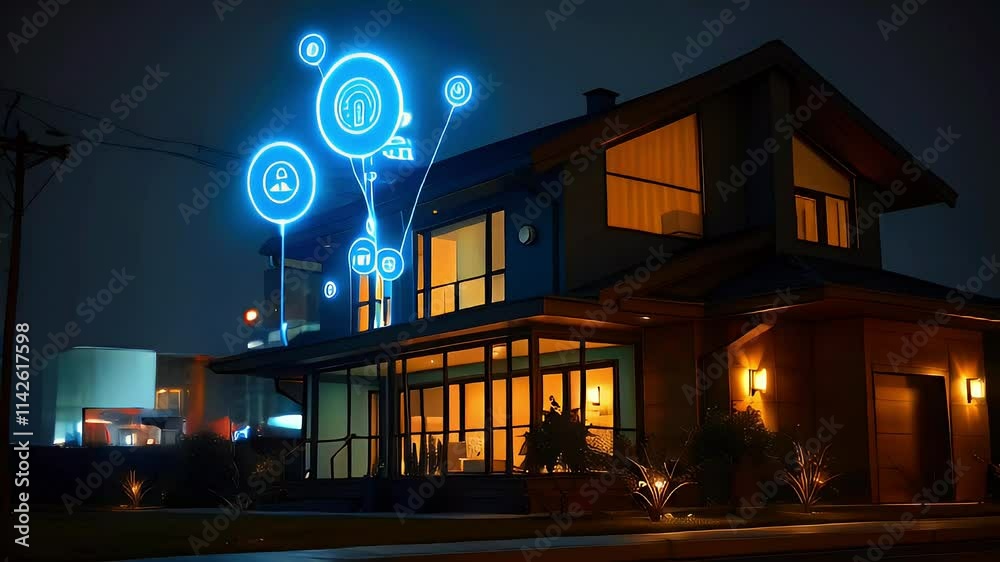 A modern house illuminated at night with glowing icons representing smart technology connections. A modern house illuminated at night with glowing icons representing smart technology connections.