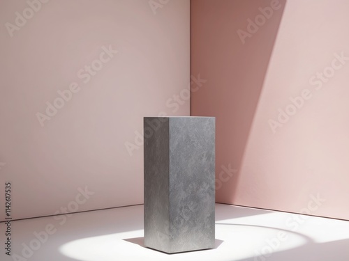 empty podium from stone with pink pastel wall background for product display photo