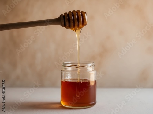 Honey Dripping from Wooden Dipper into a Jar photo