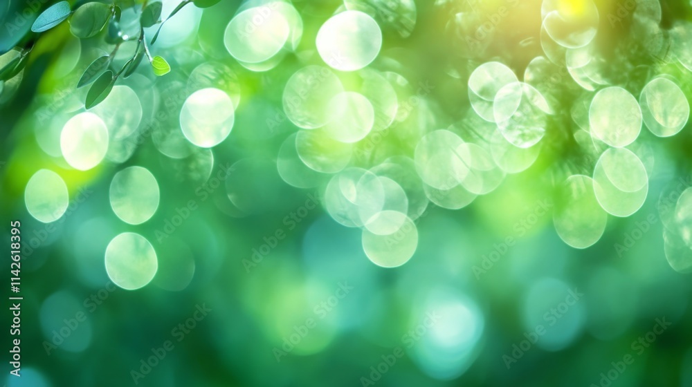 Green bokeh background with sunlight and leaves