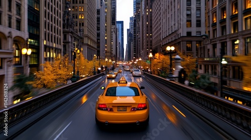 NYC Taxi Night Drive: Yellow cab cruising down a vibrant, illuminated New York City street at night. Captures the energy and dynamism of the city that never sleeps. 