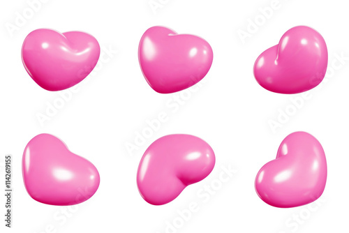 Pink heart shaped balloons shown from different angles highlighting shiny surface texture. 3D vector decorative element for romantic event, Valentine day celebration, festive party design.